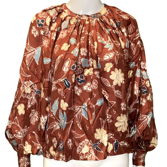 NWT Ulla Johnson Marisol Dark Red Floral Print Long Sleeve Silk Blouse - Sz 2 - Picture 3 of 7
